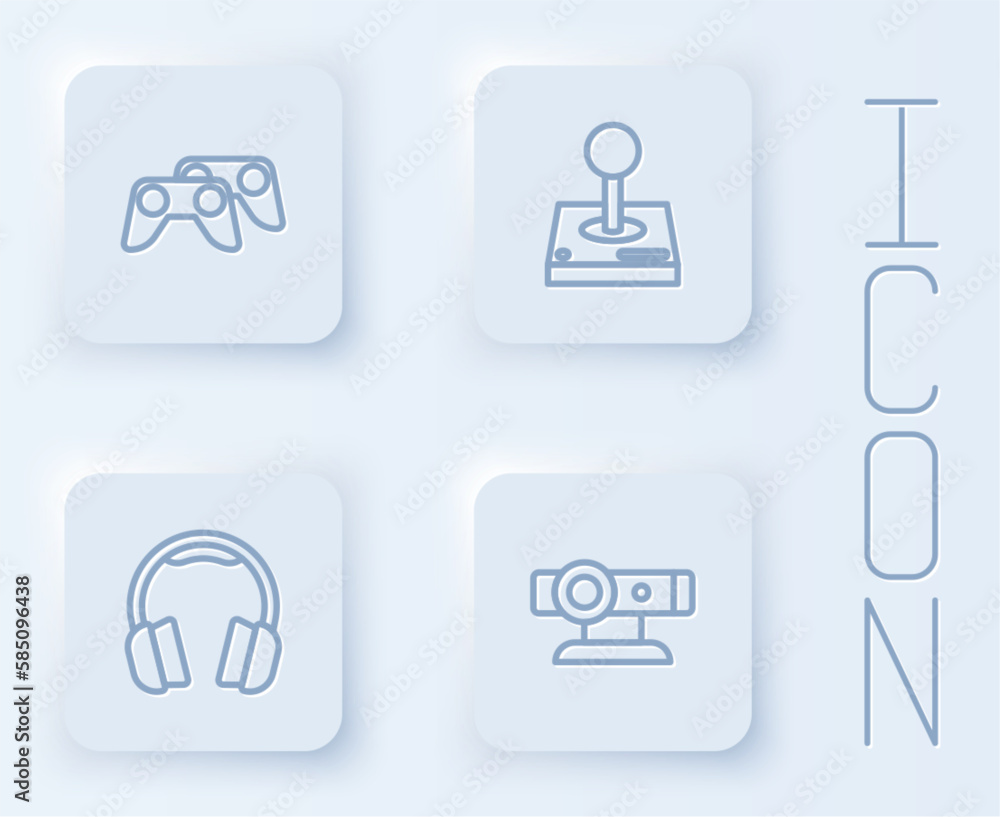 Poster set line game controller or joystick, joystick for arcade machine, headphones and web camera. white 