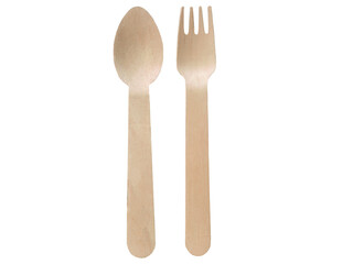 Isolated, cutout, transparent background, directly above view, wooden fork and spoon, utensil,...