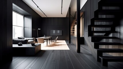 Black wooden modern living room by wooden for the cool feeling, interior