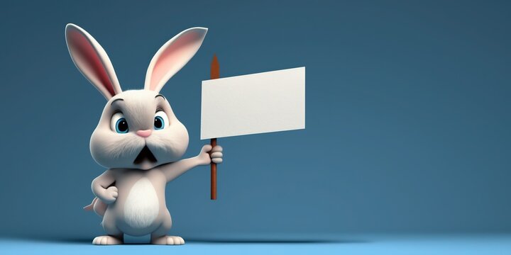 A cartoon rabbit holding a blank sign and pointing at it with a pointer in his hand, on a blue background with a spotlight behind it with Generative AI technology