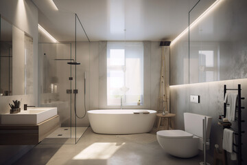Fototapeta na wymiar 3D rendering bright bathroom interior with bathtub, silk, decoration, and generative AI tool.