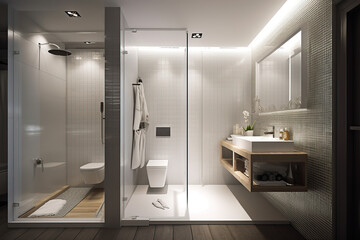 Modern luxury and simple style bathroom, beautiful light, sink, shower, mirror, generative AI