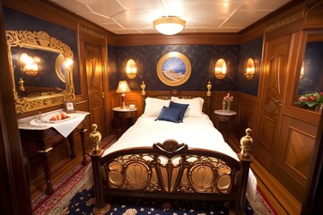luxuary boat cruise titanic inspired room bedroom, idea inspirational interior architectural design mattepainting with wood, chairs, bed and windows, reworked and enhanced ai generated illustration