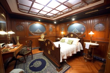 luxuary boat cruise titanic inspired room bedroom, idea inspirational interior architectural design mattepainting with wood, chairs, bed and windows, reworked and enhanced ai generated illustration