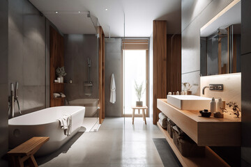 Modern luxury and simple style bathroom, beautiful light, sink, shower, mirror, generative AI