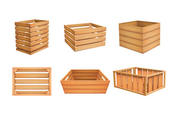 Realistic wooden box. Food crate. Wood basket. Pallet and drawer. 3D vegetable case for export or deliver. Old garden container. Shipping packaging. Vector square storage packages set