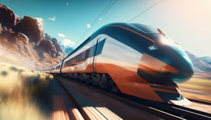 Fototapeta premium Modern electric passenger high-speed train is rushing along the tracks, in motion. Generative AI