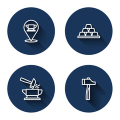 Set line Blacksmith anvil tool, Gold bars, Anvil and hammer and Hammer with long shadow. Blue circle button. Vector