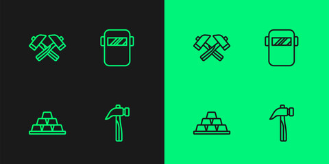Set line Hammer, Gold bars, Crossed hammer and Welding mask icon. Vector