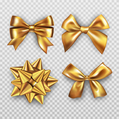 Realistic gold bow, gift ribbon. Golden tie box package, christmas or birthday present, silk holiday fabric decoration, elegant tape. 3d isolated elements. Vector isolated illustration