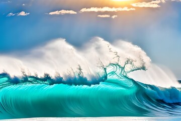 Beautiful big waves of the ocean or the sea in the summer bright blue, azure and turquoise colors in the early morning in sun light on a pure blue sky. Beautiful combs white sea foam