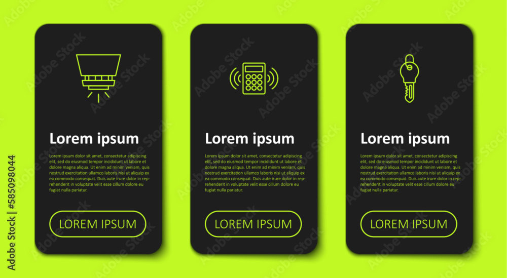 Poster set line fire sprinkler system, security keypad access panel and key. business infographic template.