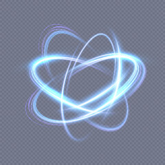 Atom particle light effect. Atom structure science sign. Gradient atom vector model.