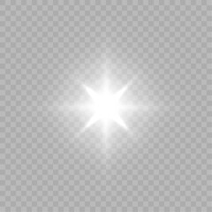 White beautiful light explodes with a transparent explosion. Vector, bright illustration for perfect effect with sparkles. Bright Star. Transparent shine of the gloss gradient, bright flash.