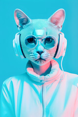Fashionable Cat wearing headphones, music antrophomorfic cat, neon lights, Generative AI