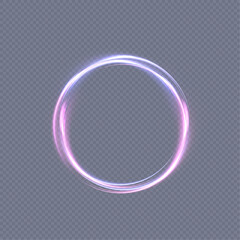 Abstract neon blue-violet ring. A bright plume of luminous rays swirling in a fast spiraling motion. Light golden swirl. Curve gold line light effect. Vector