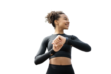 A woman athletic slim using a smartwatch, transparent background, png, isolated.