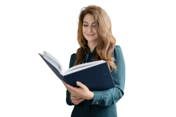 A woman in an office dress is reading a book, transparent background, png, isolated.