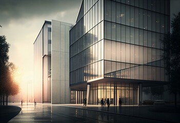 Naklejka na ściany i meble A striking, minimalist office building, with a shimmering glass facade and a soaring atrium, rising above a busy city street. Generative AI