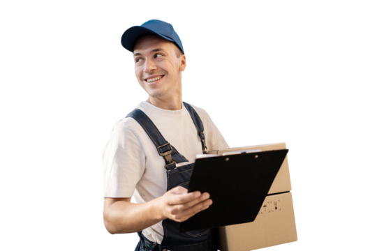 The courier is a man in uniform with a tablet, transparent background, png, isolated.