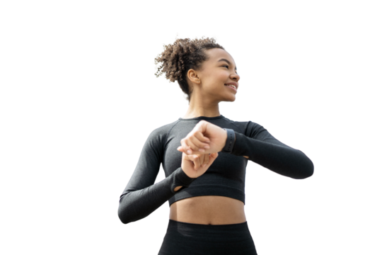A woman athletic slim using a smartwatch, transparent background, png, isolated.
