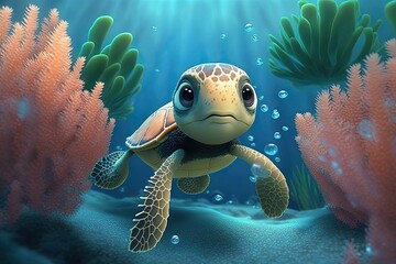 Fototapeta premium Cute Cartoon Sea Turtle Underwater (Generative AI)