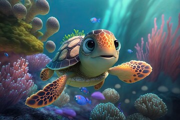 Cute Cartoon Sea Turtle Underwater (Generative AI)