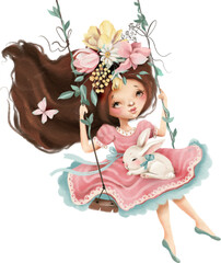 Beautiful spring girl on a swing with bunny and flowers - 585098632