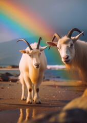 Fototapeta premium goats under a rainbow on a north wales beach