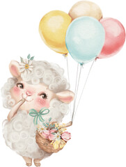 Adorable sheep with balloons and basket with flowers, farm animal - 585098658