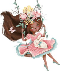 Beautiful spring girl on a swing with bunny and flowers. - 585098696