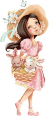 Beautiful girl in a pink dress and hat with flowers. Cute bunnies, rabiits, in the basket. Spring girl illustration - 585098803