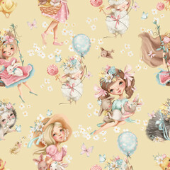 Beautiful seamless pattern with girls, floowers and animals - 585098845