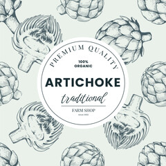 Artichoke pattern, raw gastronomy sketch. Food eating or cooking, engraved ink health flowers, art lifestyle. natural food poster or banner, round frame. Vector illustration background