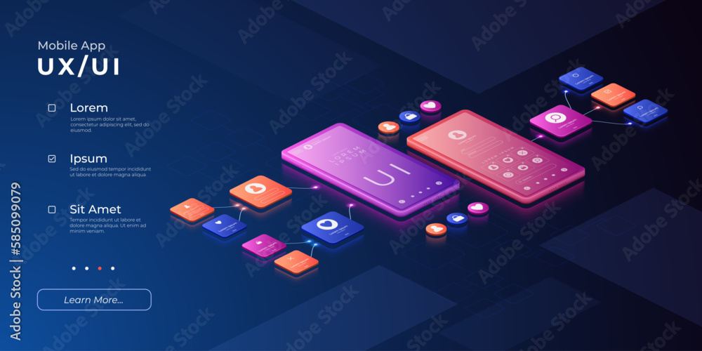 Poster UI UX design. Mobile prototype. 3D user experience interface. Digital technology. Smartphone application management. Electronic devices. Phone app control. Vector web banner template
