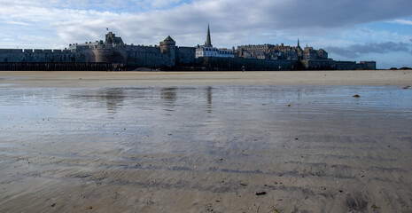 view of Saint-Malo city from the beach