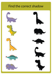 Dinosaur activities for kids. Find the correct shadow. Educational game for children. Vector illustration, cartoon style.
