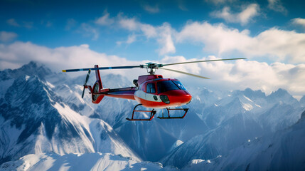 Rescue helicopter flies over snowy mountains - obrazy, fototapety, plakaty