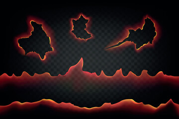 Realistic burn cracks. Charred pieces or paper edge. Rough torn borders with flame. Burnt hole stains. Circle ripped frame. Blazing pages. Abstract shapes. Vector smoldering effects set