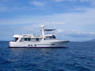 Motor yacht. Cruise ship. Safari Dive Boat. Luxury white motor yacht on the high seas. 