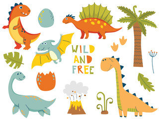 Dino set in simple hand drawn cartoon style.