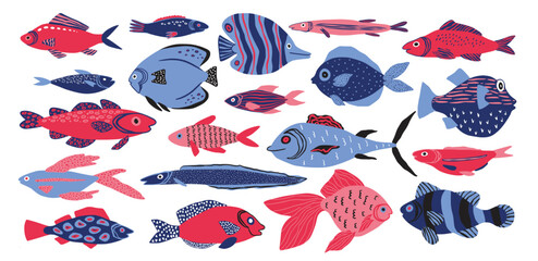 Doodle sea fish, cute motifs. Marine or ocean animals, summer underwater aquarium, colorful aquatic fabric. Hand drawn elements for decor. Blue and red colors. Vector cartoon illustration