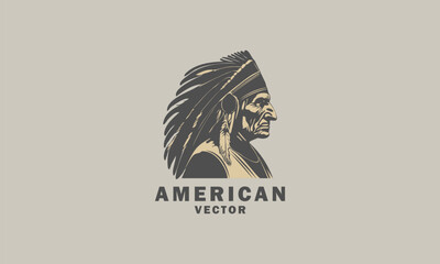 Vector profile of a native American Indian wearing a crown of bird feathers. Logo, sticker or icon. Isolated background.