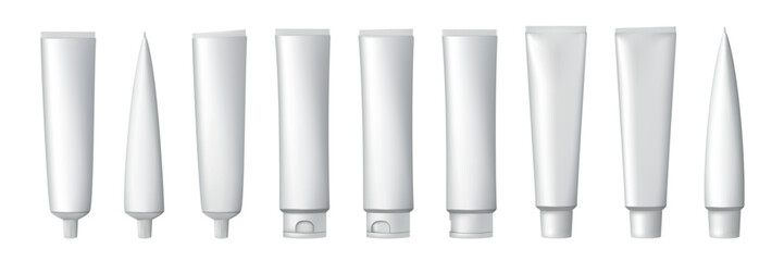 3D cream tube. White packaging mockup. Dental toothpaste. Cosmetic package. Plastic container. Medical ointment and beauty lotion. Moisturizer bottles. Vector realistic packing set
