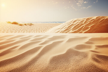 Fototapeta na wymiar Bright sand beach sunshine background Summertime backdrop with Generative AI technology.