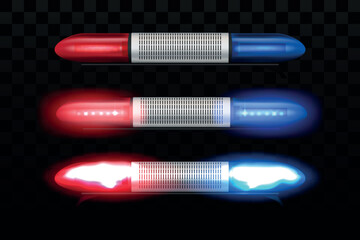 3d police, emergency ambulance flasher. Realistic beacon car light, dark sirens and lamp, alert equipment. Cop car lantern with glow reflection. Vector red and blue lights concept © SpicyTruffel