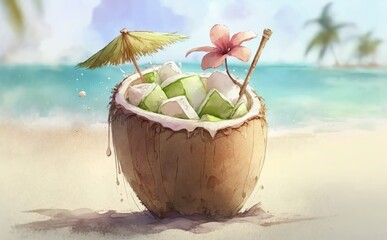 Coconut on the beach with a palm tree in the background watercolor illustrations Generative AI