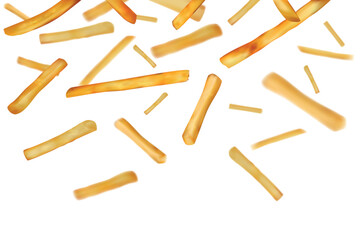 Potato sticks, french fries pattern. Salty takeaway fast food, realistic isolated element falling, restaurant menu background, cafe decor or product packaging design. Vector 3d illustration