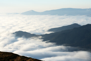 Flowing morning fog in spring Carpathian mountains, Ukraine. Beautiful sunrise on background. Landscape photography