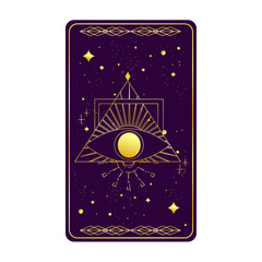 Tarot card gold with mystic eye pyramid isolated. Boho esoteric tarot card with eye and star. Vector illustration. Sacred geometry celestial triangle